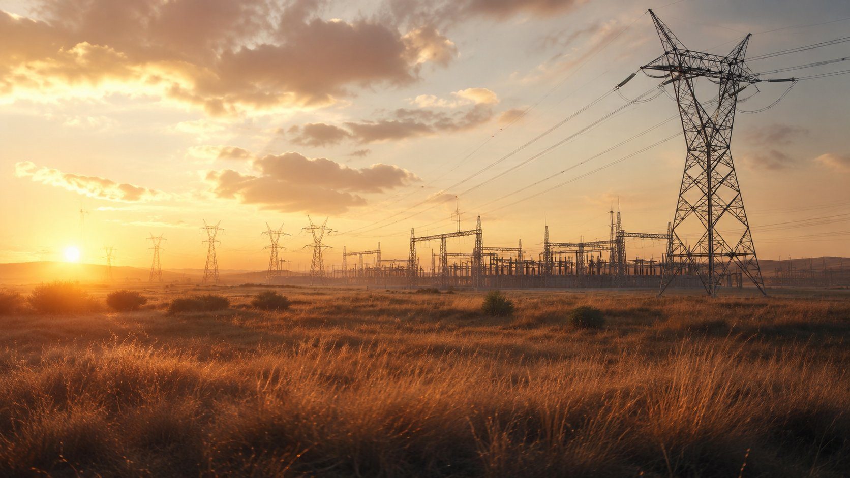 ERCOT transmission and substation infrastructure at sunrise